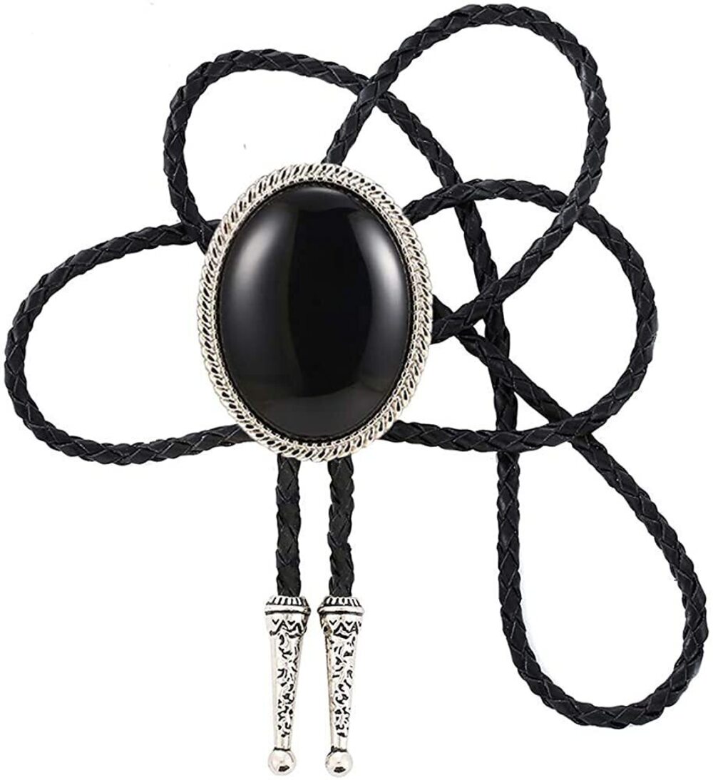 2632 Nature Agate Triangle Shape Western Cowboy Celtic Black Stone Bolo Tie